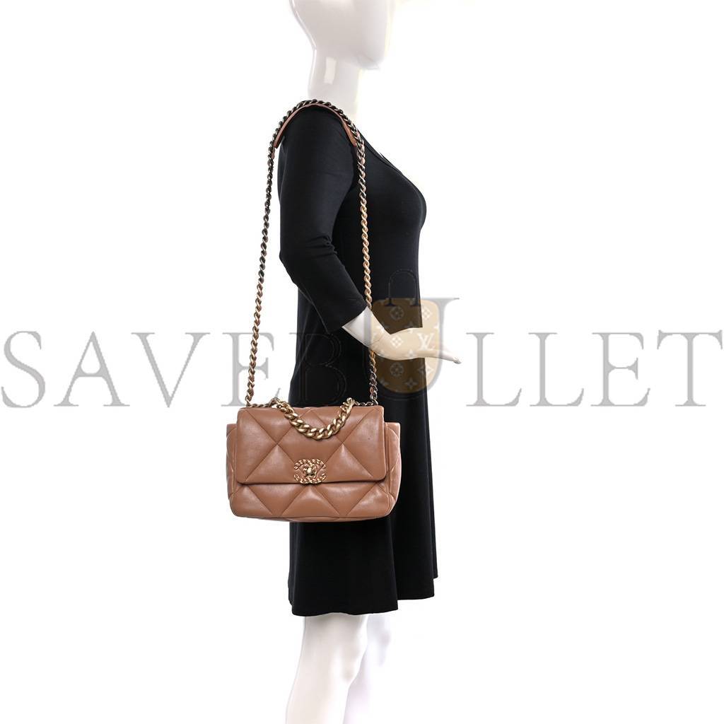 Ch*el master lambskin quilted medium Ch*el 19 flap brown as1160 (26*16*9cm)